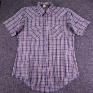 Saddlebrook Western Shirt Mens Large Plaid Pearl Snap Made in USA Short Sleeve